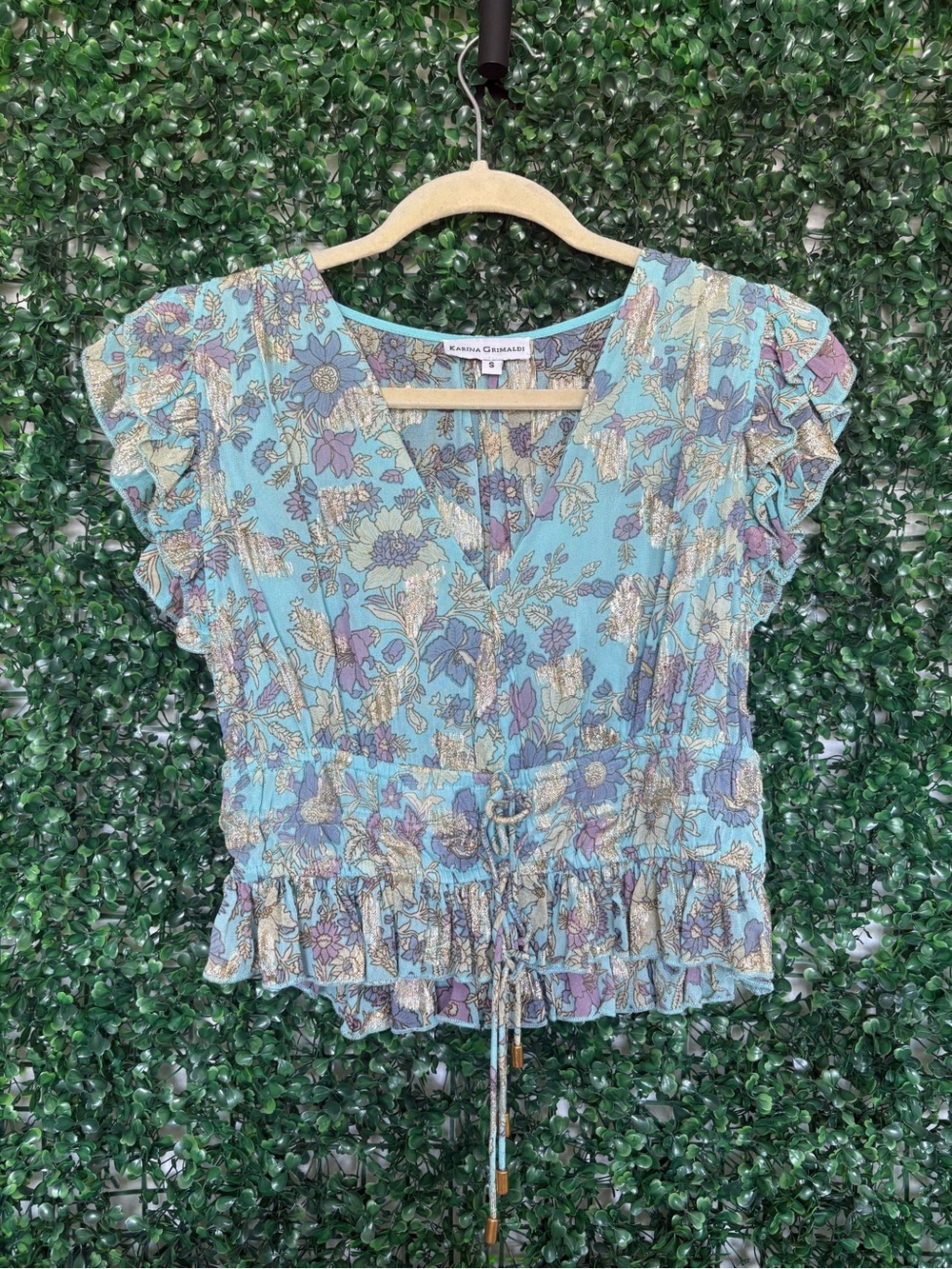 Karina Grimaldi Mint Floral Ruffle Tie-Waist Top with Gold Glittery threading